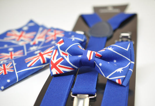 Australia National Flag Bow tie + Matched Elastic Adjustable Braces Suspenders + POCKET SQUARES for Baby Infant / Boy Kids / Youth / Men