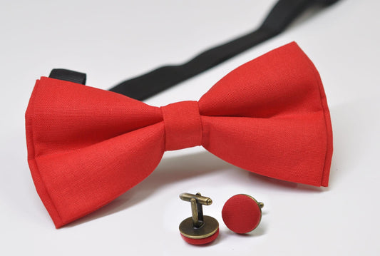 RED Pretied Cotton Bow tie Bowtie + Cufflinks for Men Adult / Youth Teenage / Boy Kids / Toddler Baby Infant