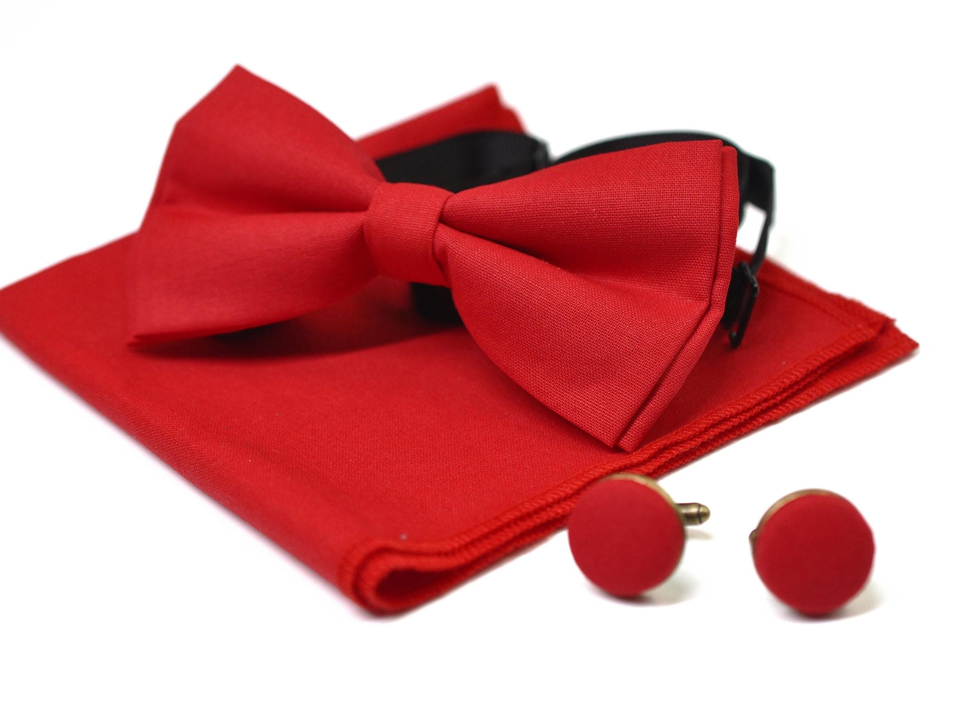 Red Cotton Bow tie Bowtie + Pocket Squares Hanky Handkerchief + Cuff links Wedding for Men / Youth / Boys Kids / Baby Infant Toddler