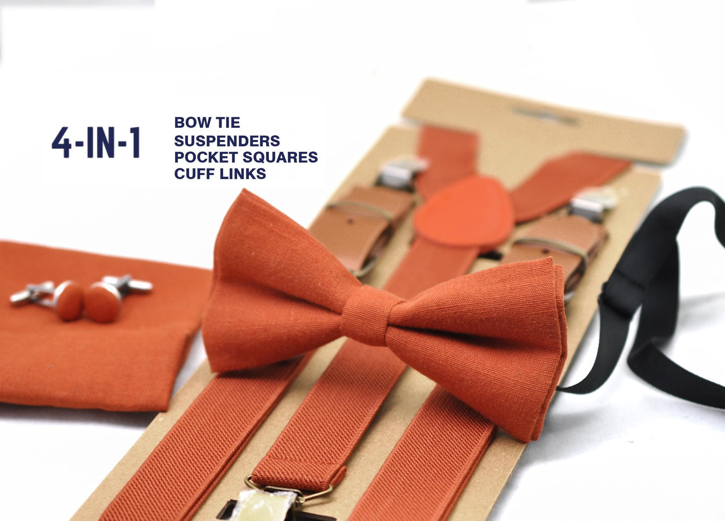 Burnt Orange Linen Bow tie Bowtie + matched Suspenders Braces + Pocket Squares + Cuff links for Men / Youth/ Boys Kids / Baby Infant Toddler