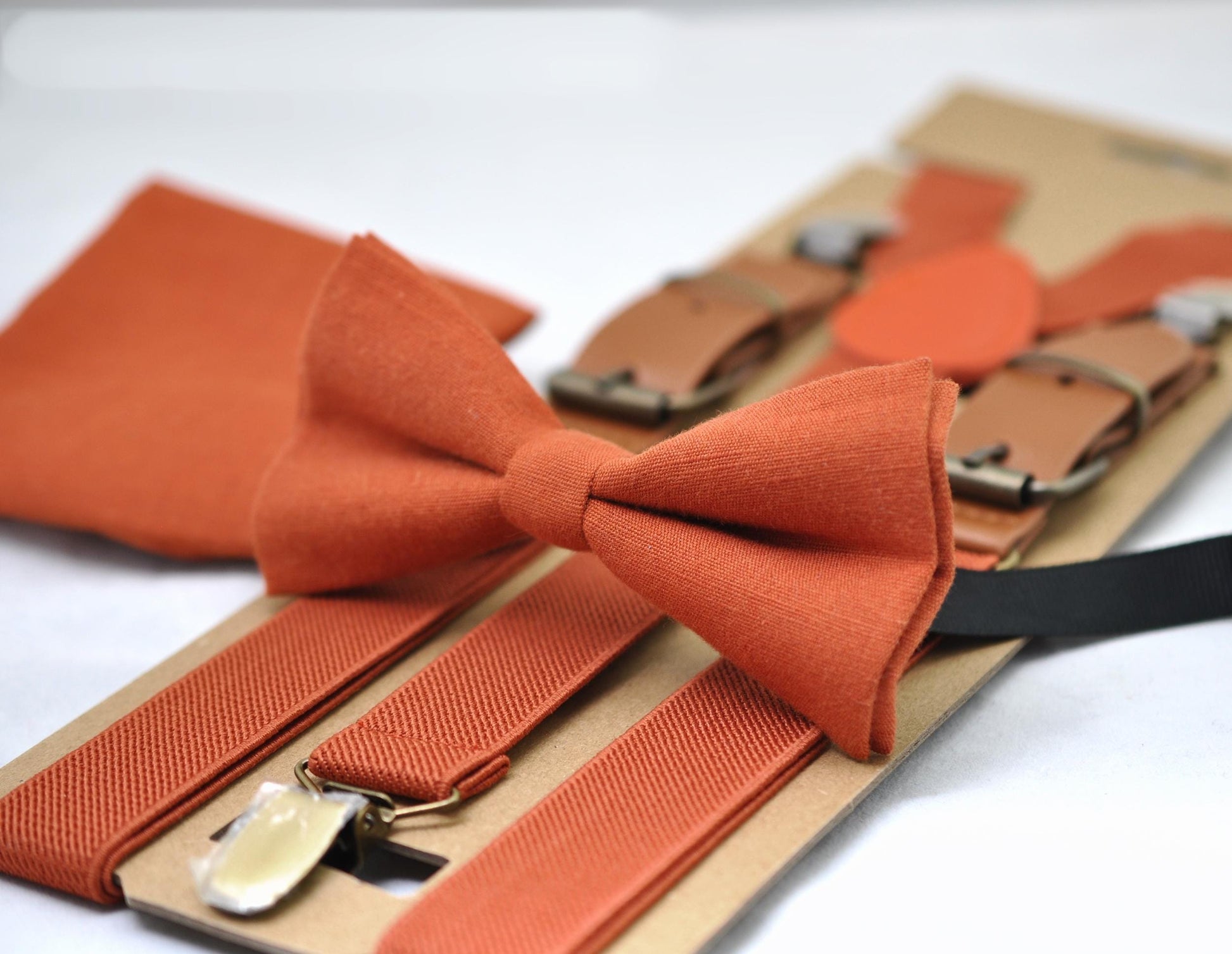Burnt Orange Linen Bow tie Bowtie + matched Suspenders Braces + Pocket Squares + Cuff links for Men / Youth/ Boys Kids / Baby Infant Toddler