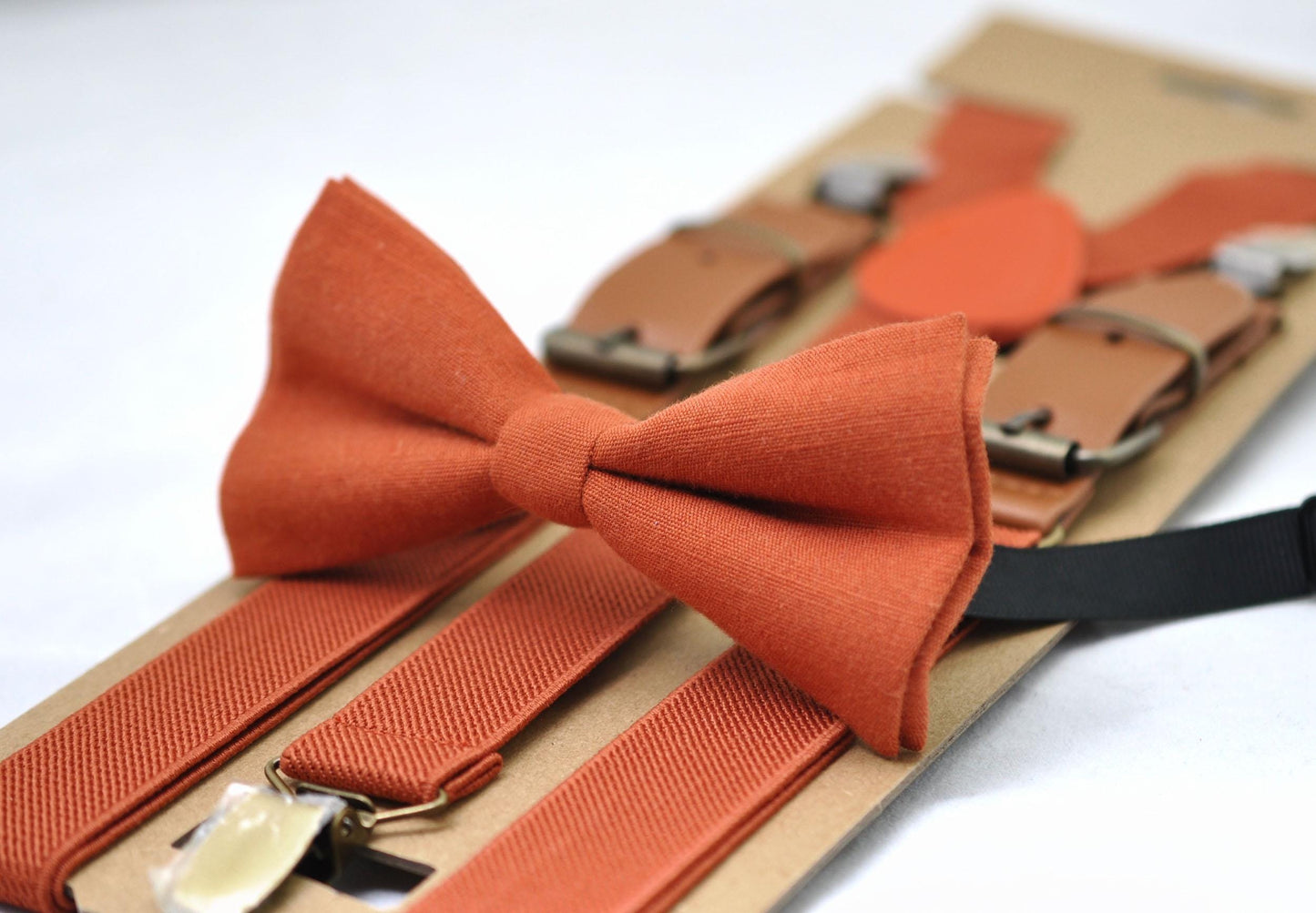 Burnt Orange Linen Bow tie Bowtie + matched Suspenders Braces + Pocket Squares + Cuff links for Men / Youth/ Boys Kids / Baby Infant Toddler