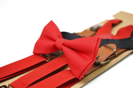 Red Cotton Bow tie Bowtie + Red Tan Elastic Suspenders Braces for Men / Youth Teenage/ Boys Kids / Baby Infant Toddler