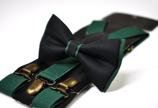 Dark Emerald Green and BLACK Bow tie + Green Elastic Suspenders Braces for Men / Youth / Boys Kids / Baby Toddler