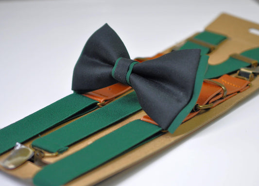 EMERALD Green and Black Bow tie Bowtie + EMERALD Green Suspenders Braces Men / Youth / Boys Kids / Baby Infant Toddler