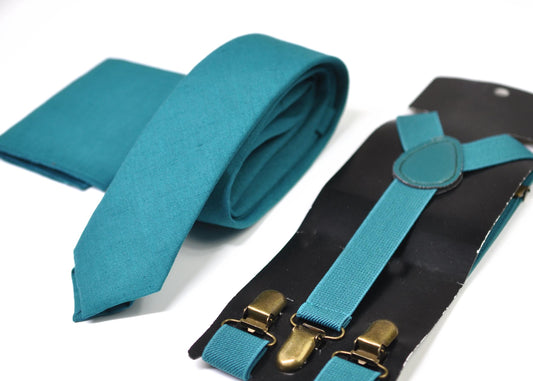 Men Women Unisex Teal Blue Skinny Neck tie Necktie + Elastic Braces Suspenders + Pocket Squares Hanky Handerchief