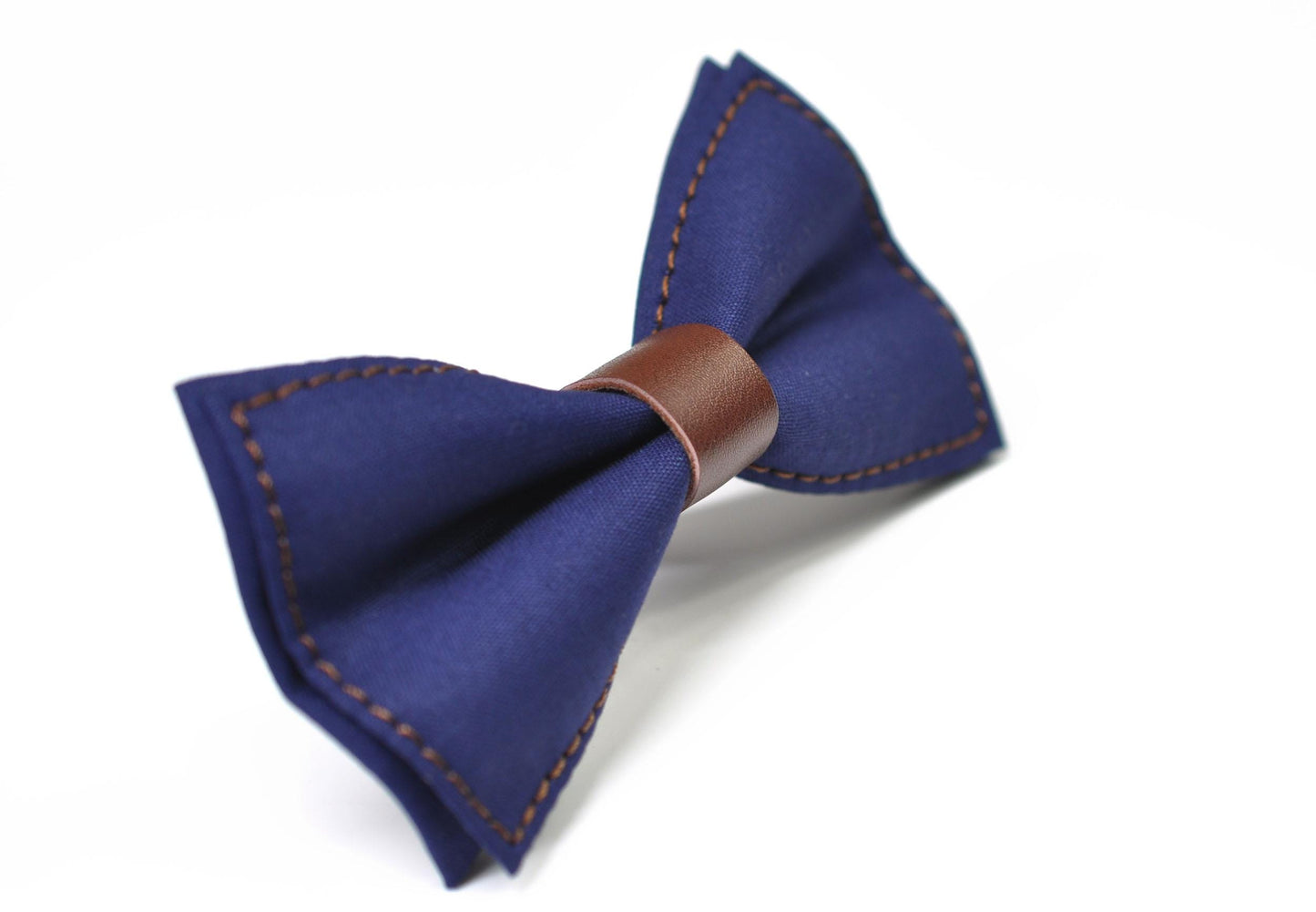 Navy Blue Cotton Brown Faux leather Pre tied Bow tie Bowtie for Men Adult / Youth Teenage / Boy Kids / Baby Infant Toddler
