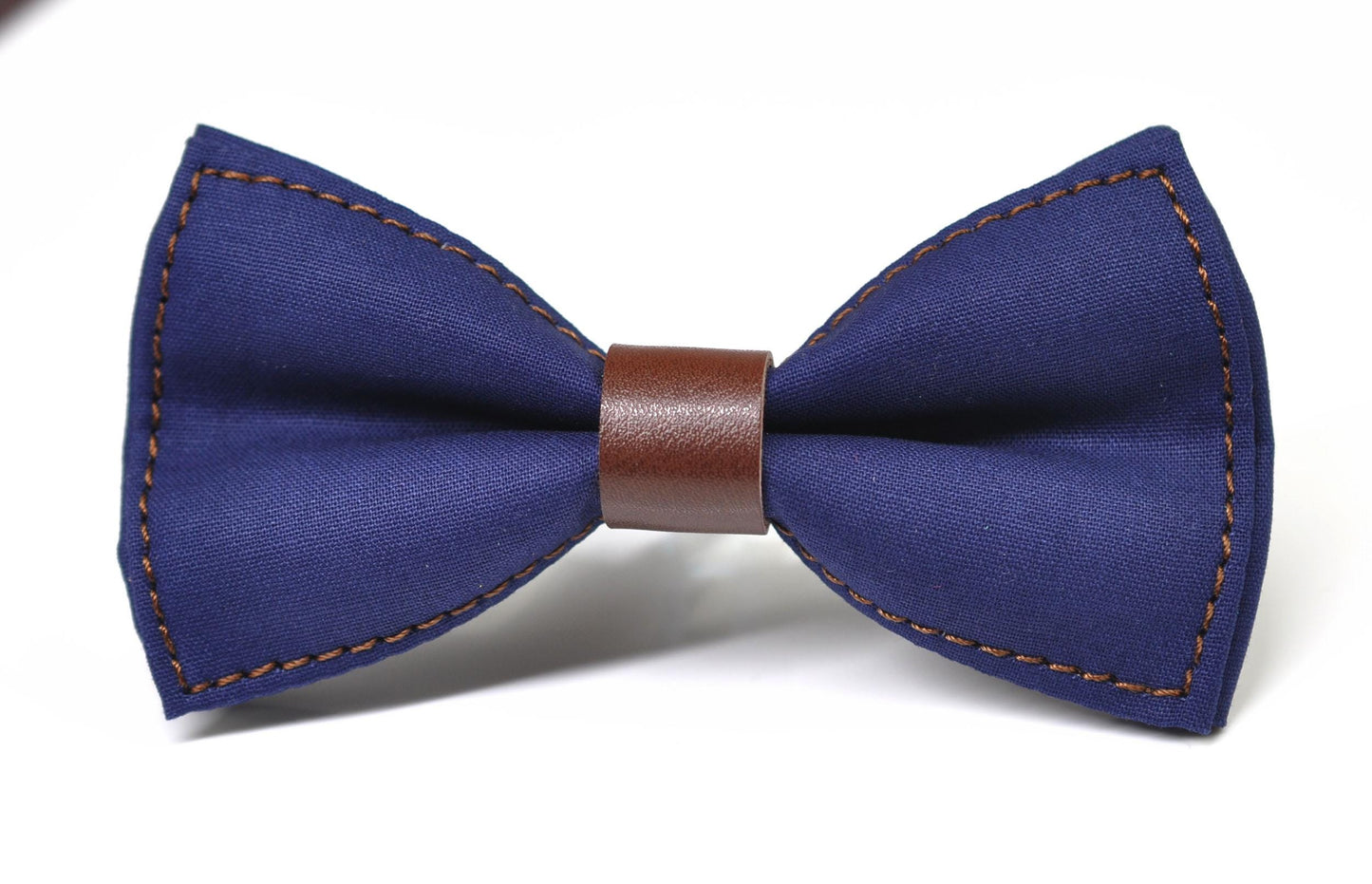 Navy Blue Cotton Brown Faux leather Pre tied Bow tie Bowtie for Men Adult / Youth Teenage / Boy Kids / Baby Infant Toddler