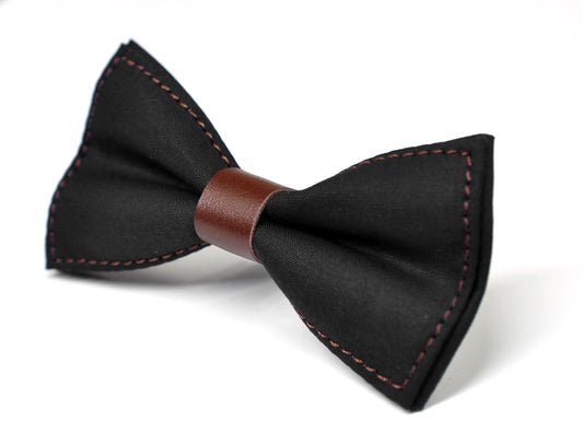 Black Cotton Brown Faux leather Pre tied Bow tie Bowtie for Men Adult / Youth Teenage / Boy Kids / Baby Infant Toddler