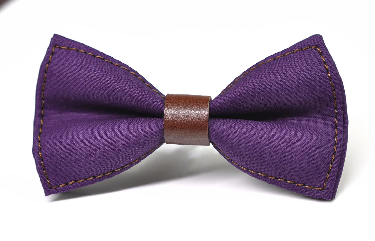 Matte Purple Cotton Brown Faux leather Pre tied Bow tie Bowtie for Men Adult / Youth Teenage / Boy Kids / Baby Infant Toddler