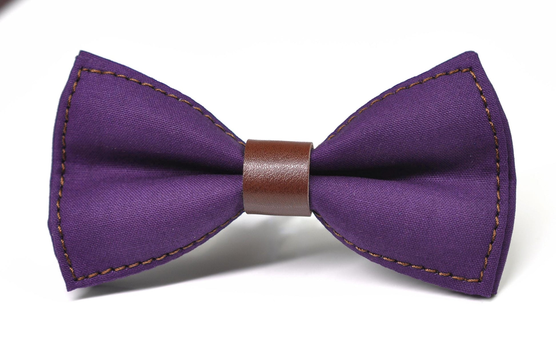 Matte Purple Cotton Brown Faux leather Pre tied Bow tie Bowtie for Men Adult / Youth Teenage / Boy Kids / Baby Infant Toddler