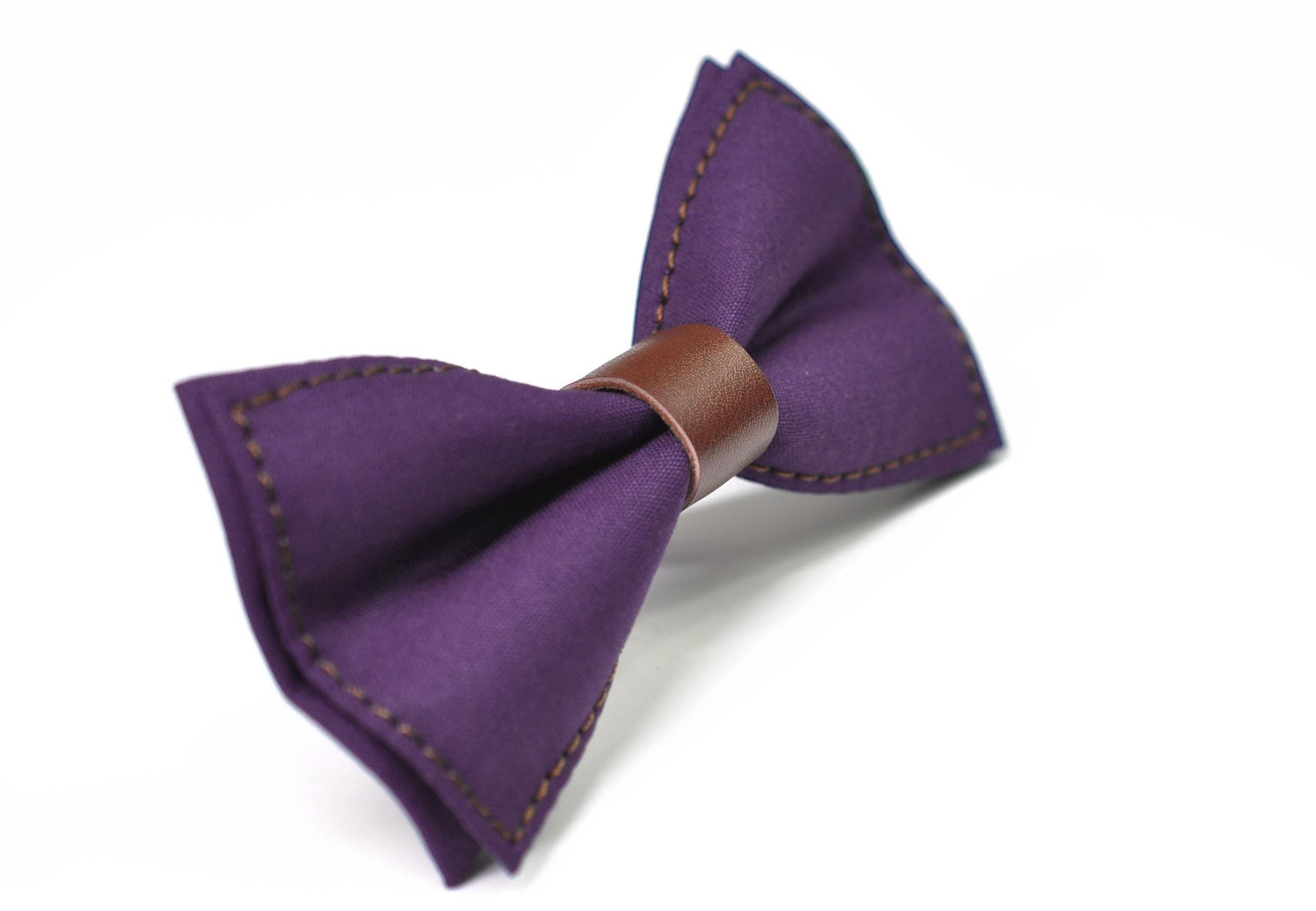 Matte Purple Cotton Brown Faux leather Pre tied Bow tie Bowtie for Men Adult / Youth Teenage / Boy Kids / Baby Infant Toddler