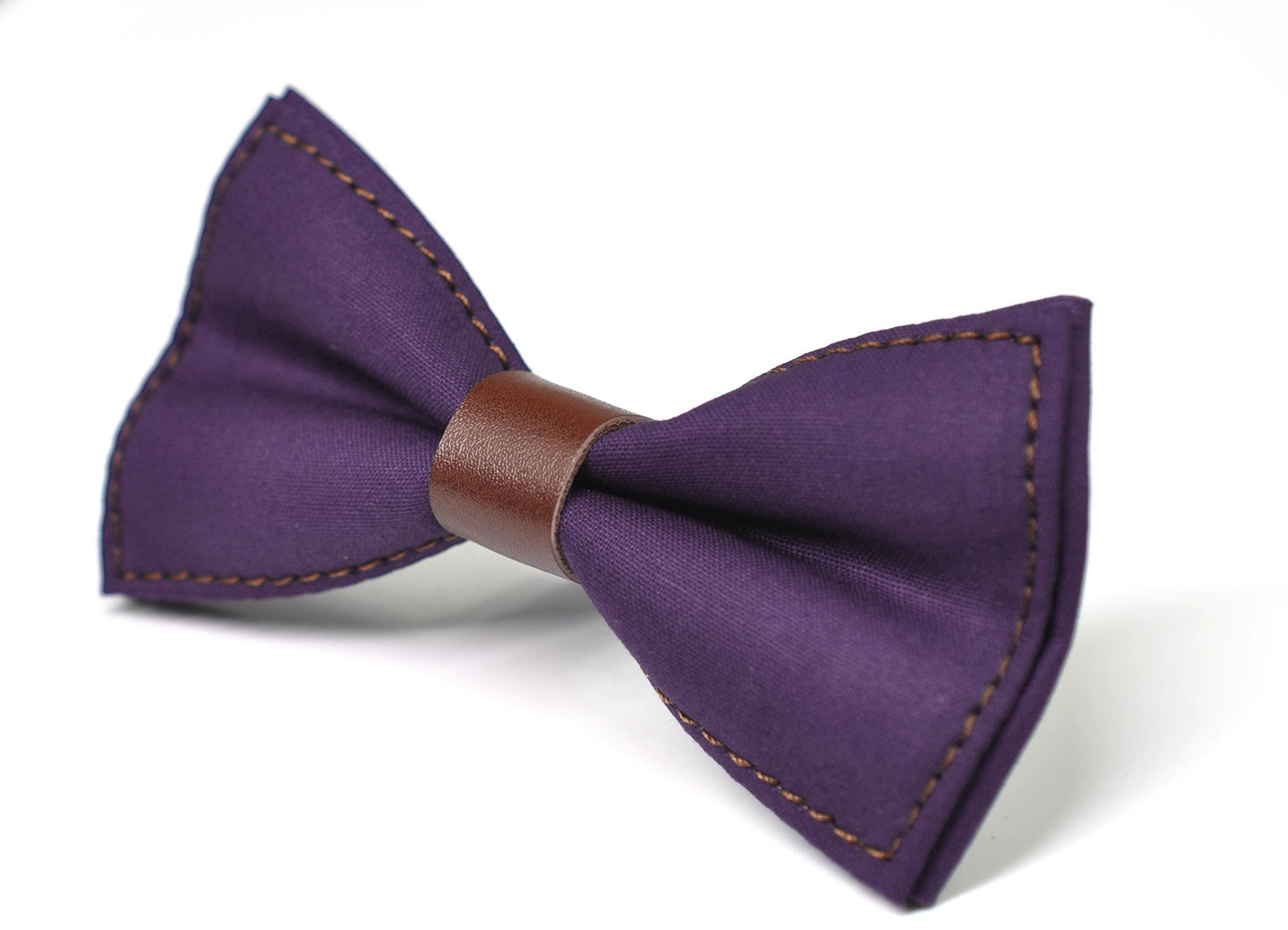 Matte Purple Cotton Brown Faux leather Pre tied Bow tie Bowtie for Men Adult / Youth Teenage / Boy Kids / Baby Infant Toddler