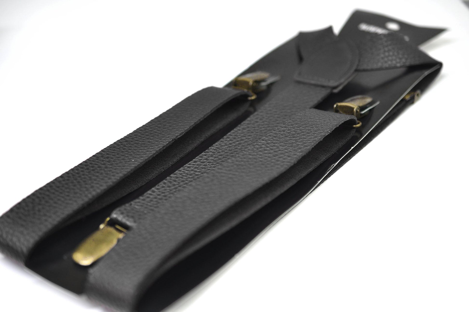 Black Faux Leather Adjustable Design Suspenders Braces Bronze Quality Clips