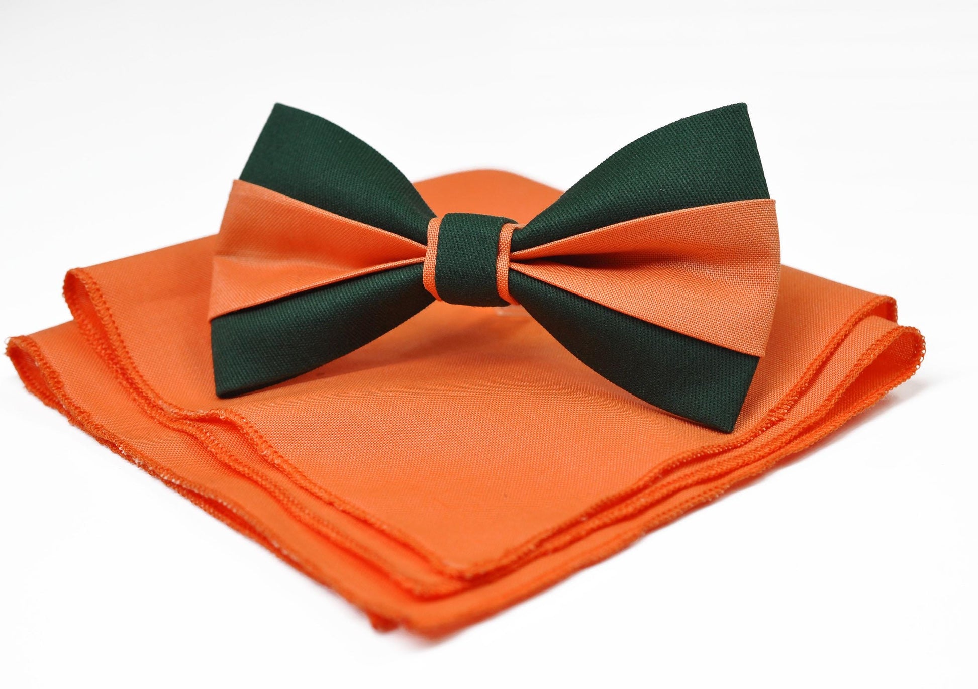 Emerald Green and Coral Orange Bow tie Bowtie + matched pocket Square Hanky Handkerchief Wedding for Men / Youth / Boys Kids / Baby Infant