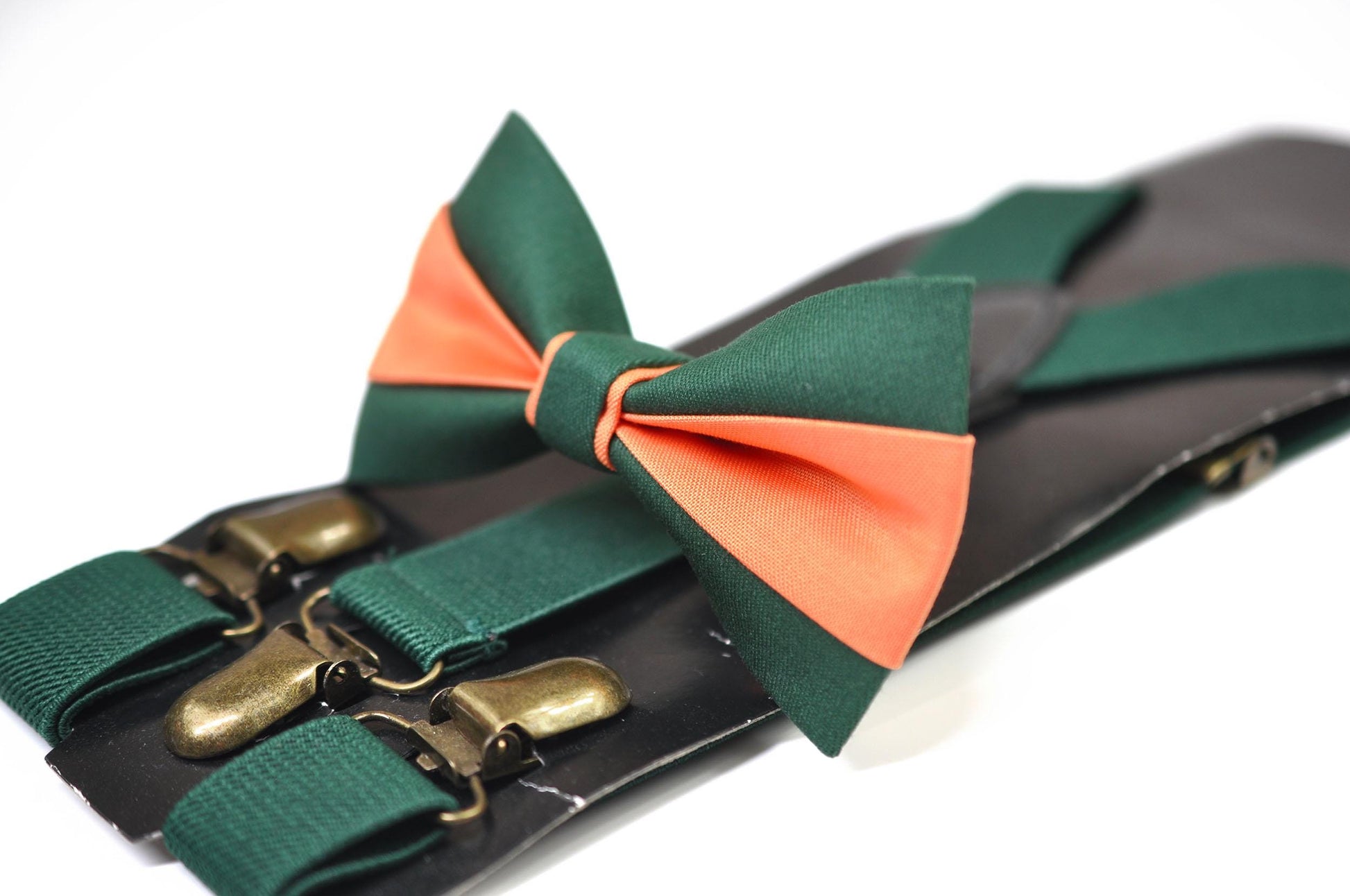 Emerald Green and Coral Orange Bow tie Bowtie+ GREEN Elastic Suspenders Braces for Men / Youth/ Boys Kids / Baby Infant Toddler
