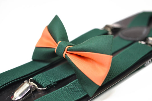 Emerald Green and Coral Orange Bow tie Bowtie+ GREEN Elastic Suspenders Braces for Men / Youth/ Boys Kids / Baby Infant Toddler
