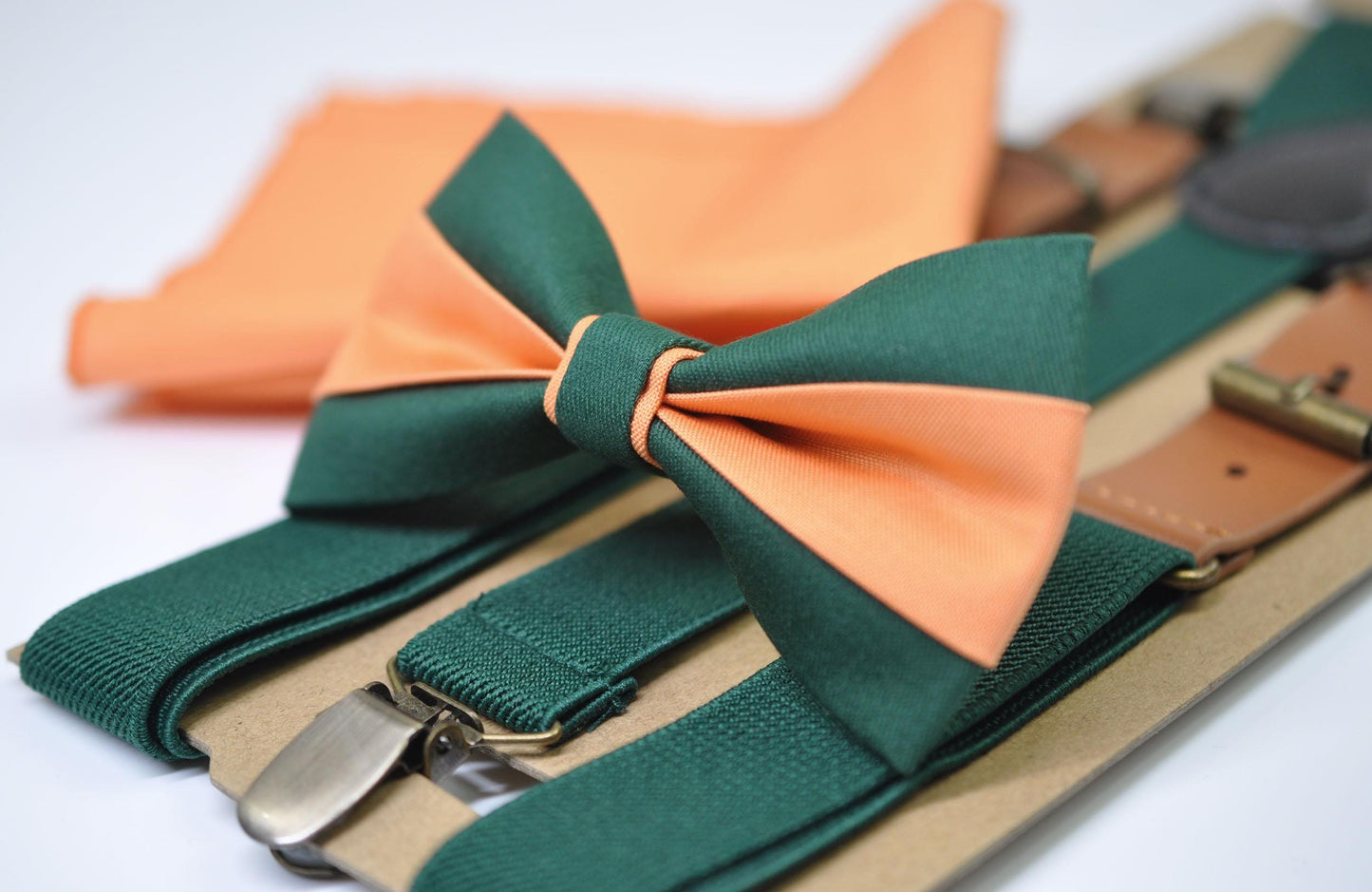 Emerald Green and Coral Orange Bow tie Bowtie + Green Suspenders Braces + Pocket Squares for Men / Youth/ Boys Kids / Baby Infant Toddler