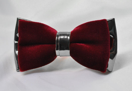 Burgundy Wine Red Velvet Silver Faux Leather Pre tied Bow tie Bowtie for Men Adult / Youth Teenage / Kids Boy / Baby Infant Toddler