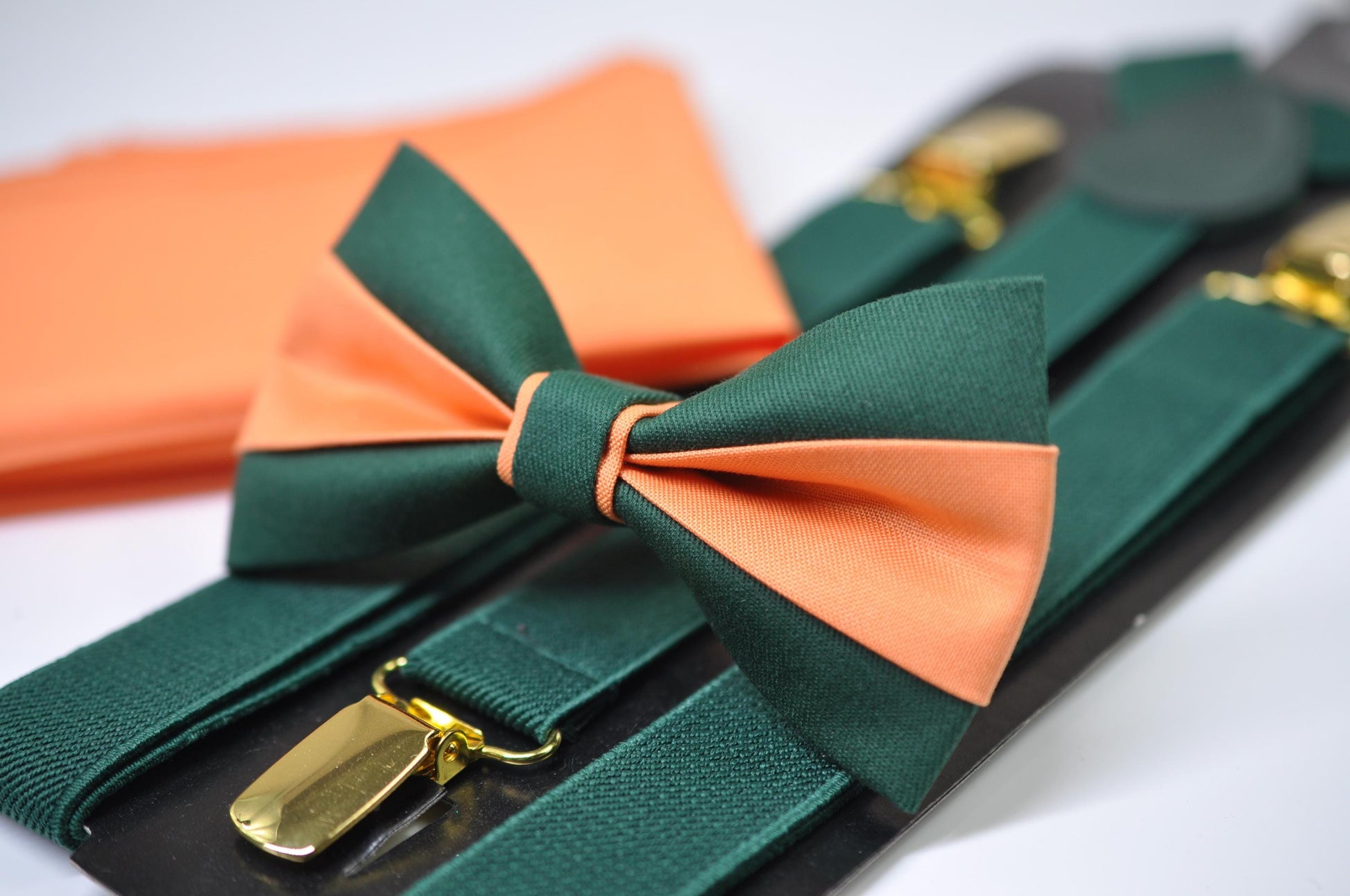 Emerald Green and Coral Orange Bow tie Bowtie + Green Suspenders Braces + Pocket Squares for Men / Youth/ Boys Kids / Baby Infant Toddler