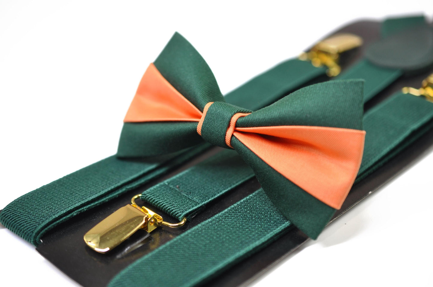 Emerald Green and Coral Orange Bow tie Bowtie + Green Suspenders Braces + Pocket Squares for Men / Youth/ Boys Kids / Baby Infant Toddler