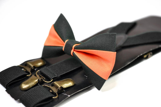BLACK and Coral Orange Bow tie Bowtie+ BLACK Elastic Suspenders Braces for Men / Youth/ Boys Kids / Baby Infant Toddler