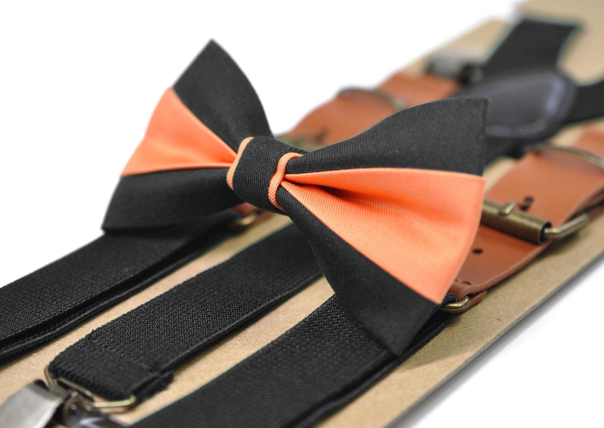 BLACK and Coral Orange Bow tie Bowtie+ BLACK Elastic Suspenders Braces for Men / Youth/ Boys Kids / Baby Infant Toddler