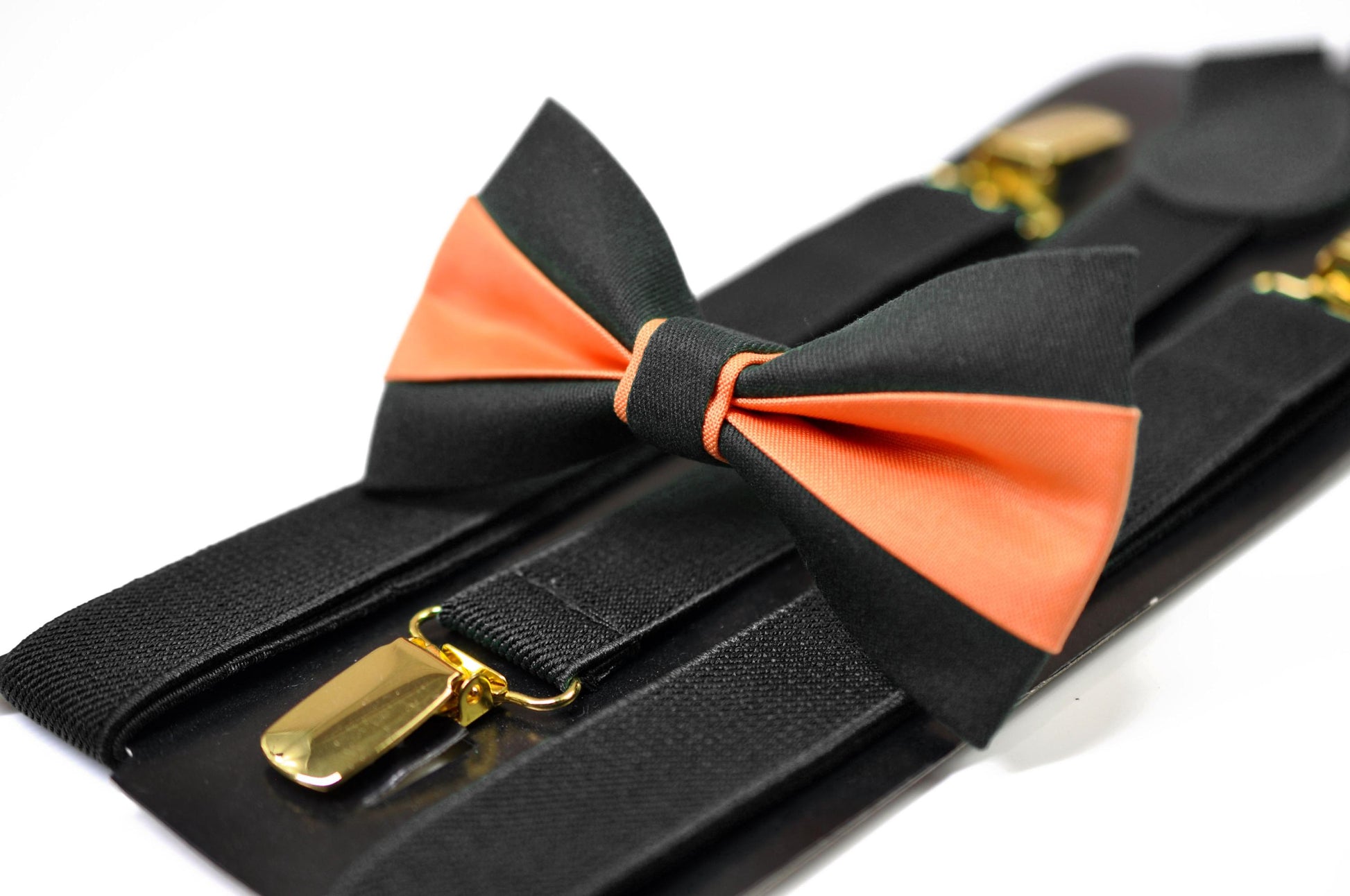 BLACK and Coral Orange Bow tie Bowtie+ BLACK Elastic Suspenders Braces for Men / Youth/ Boys Kids / Baby Infant Toddler