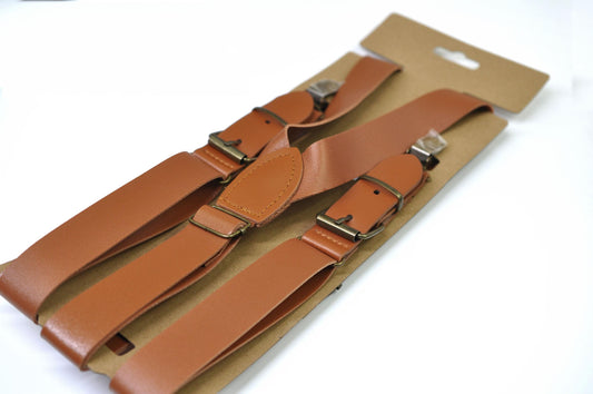 25mm Wide Y-back Tan Brown Faux Leather Adjustable Design Suspenders Braces Bronze Quality Clips