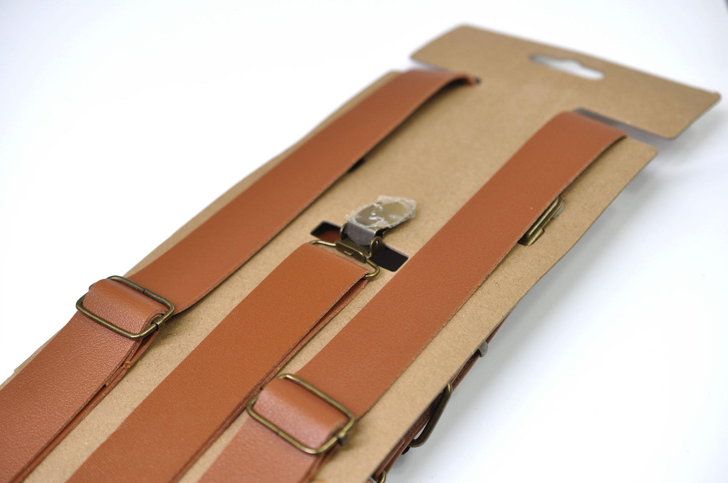 25mm Wide Y-back Tan Brown Faux Leather Adjustable Design Suspenders Braces Bronze Quality Clips