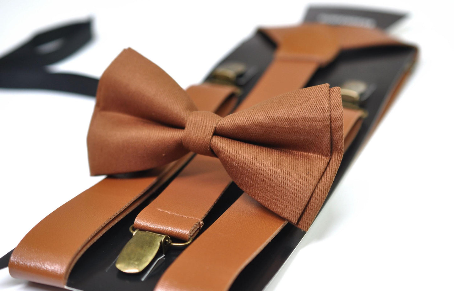 Tan Brown Cotton Bow tie Bowtie + matched Faux Leather Suspenders Braces + Pocket Squares for Men / Youth / Boys Kids / Baby Infant Toddler