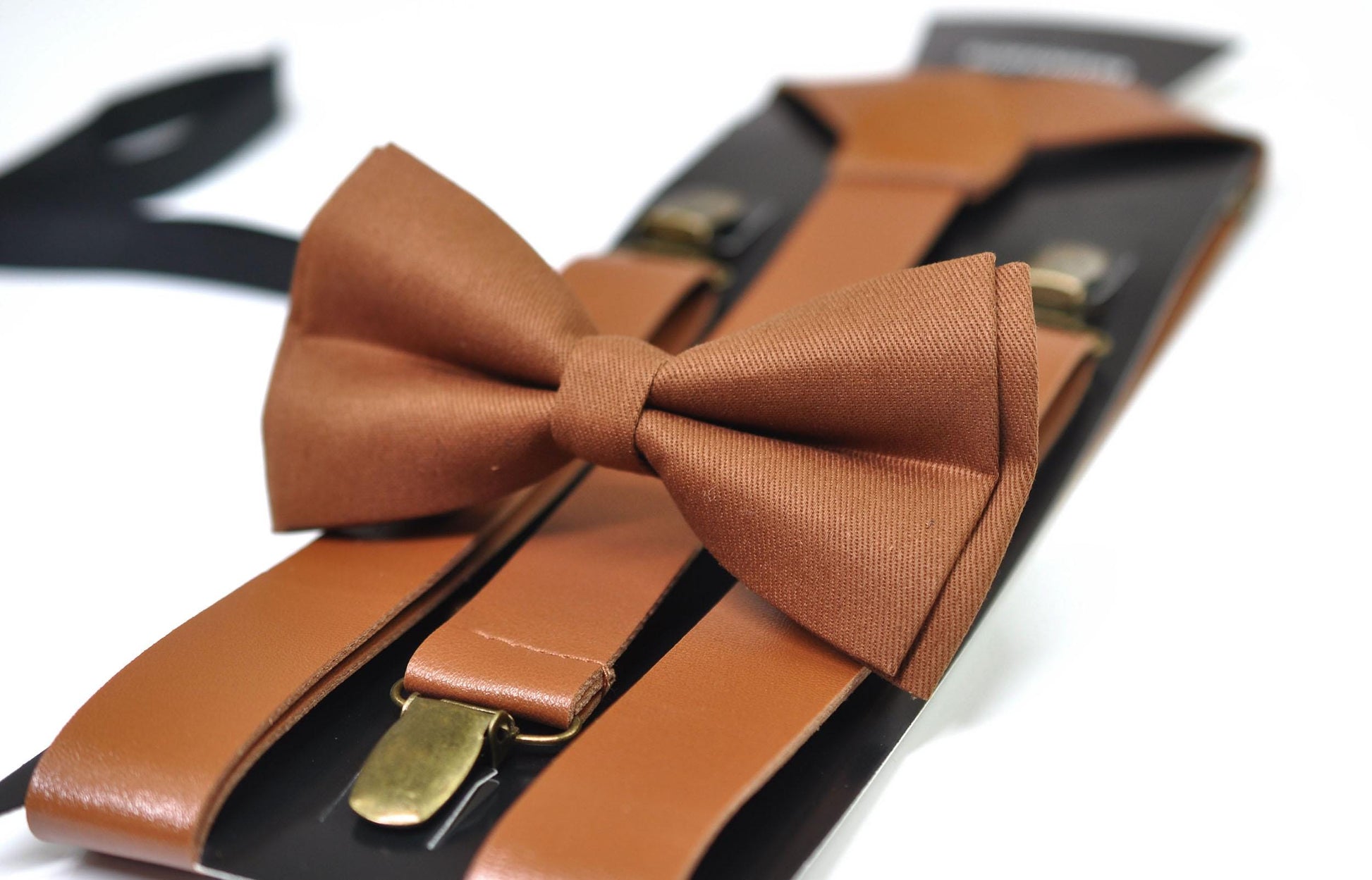 Tan Brown Cotton Bow tie Bowtie + matched Faux Leather Suspenders Braces + Pocket Squares for Men / Youth / Boys Kids / Baby Infant Toddler