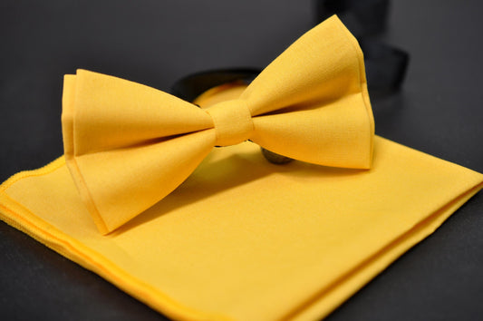 Bright Yellow Cotton Bow Tie Bowtie Pocket Squares for Men Adult / Youth Teenage / Boy Kids / Baby Infant Toddler