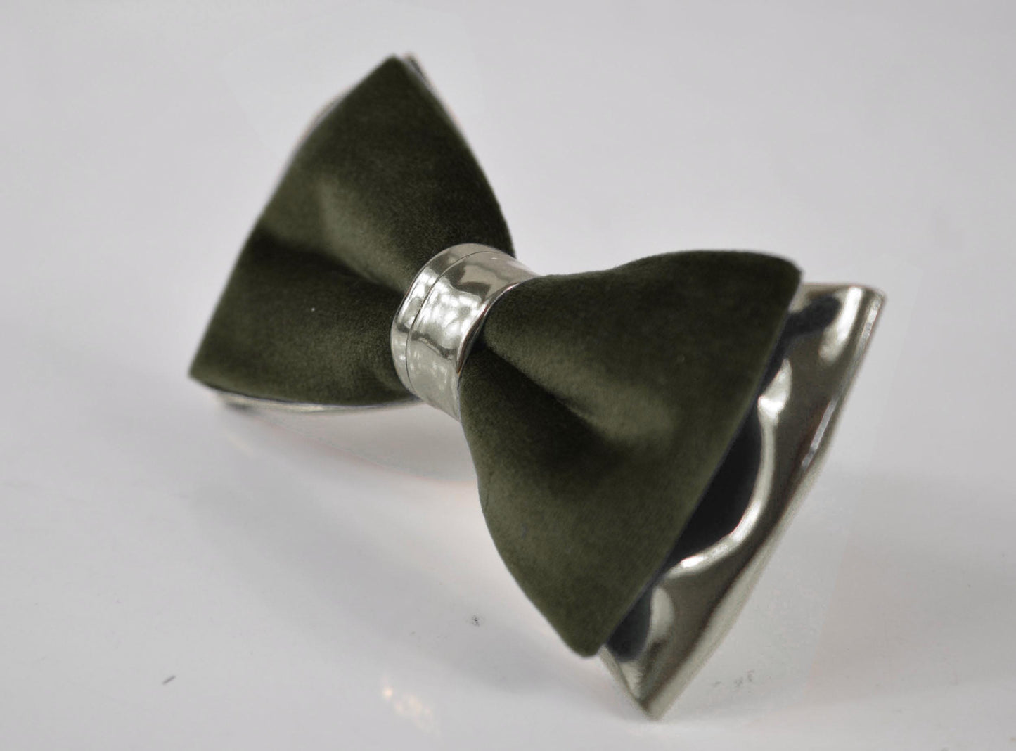 Olive Green Army Green Velvet Silver Faux Leather Pre tied Bow tie Bowtie for Men Adult / Youth Teenage / Kids Boy / Baby Infant Toddler