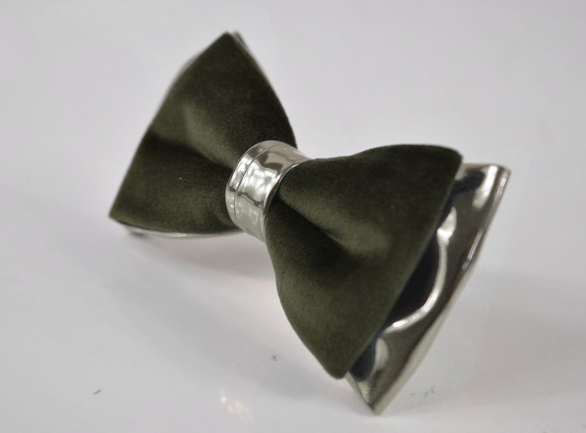 Olive Green Army Green Velvet Silver Faux Leather Pre tied Bow tie Bowtie for Men Adult / Youth Teenage / Kids Boy / Baby Infant Toddler