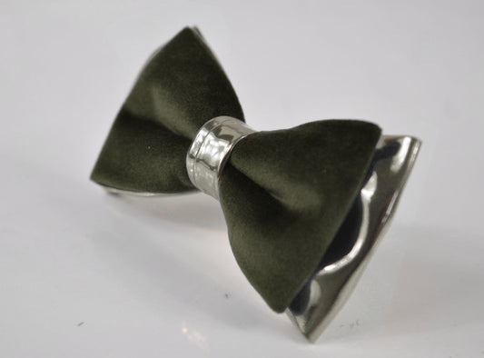 Olive Green Army Green Velvet Silver Faux Leather Pre tied Bow tie Bowtie for Men Adult / Youth Teenage / Kids Boy / Baby Infant Toddler
