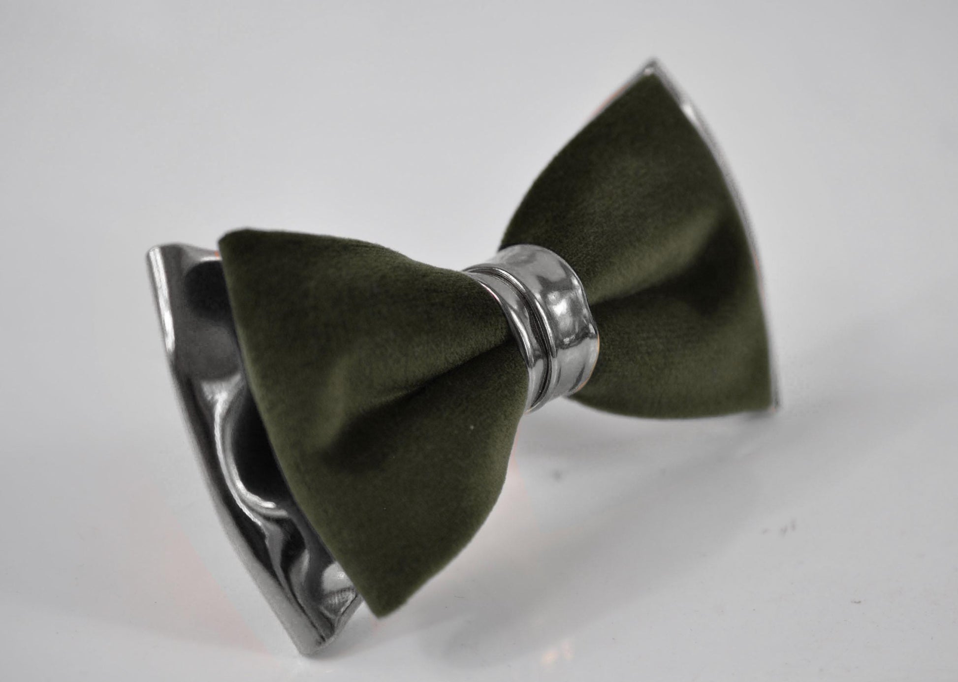 Olive Green Army Green Velvet Silver Faux Leather Pre tied Bow tie Bowtie for Men Adult / Youth Teenage / Kids Boy / Baby Infant Toddler