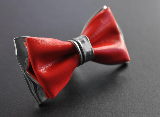 Red and Silver Grey Faux Leather Pretied Bow tie Bowtie for Men Adult / Youth Teenage / Page Boy Kids / Toddler Baby infant