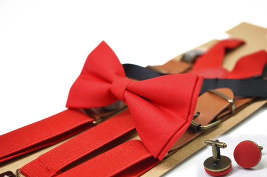 Red Cotton Bow tie Bowtie + Red Tan Elastic Suspenders Braces + Cuff links for Men / Youth Teenage/ Boys Kids / Baby Infant Toddler