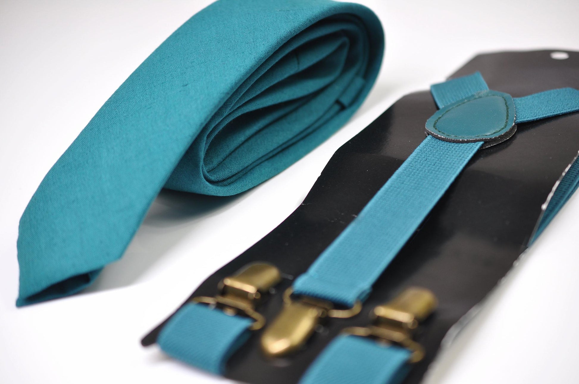 Men Women Unisex Teal Blue Skinny Neck tie Necktie + Elastic Braces Suspenders + Pocket Squares Hanky Handerchief