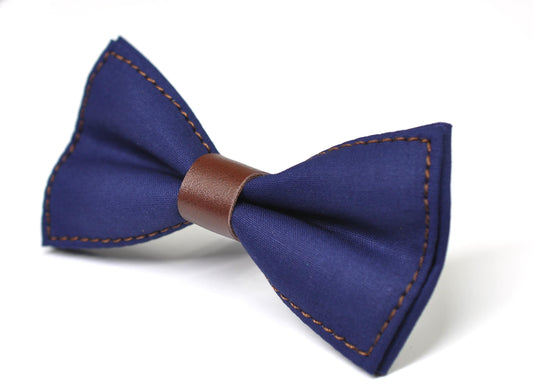 Navy Blue Cotton Brown Faux leather Pre tied Bow tie Bowtie for Men Adult / Youth Teenage / Boy Kids / Baby Infant Toddler