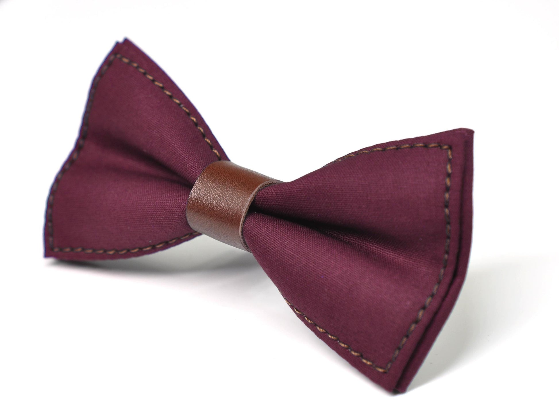 Burgundy Red Wine Cotton Brown Faux leather Pre tied Bow tie Bowtie for Men Adult / Youth Teenage / Boy Kids / Baby Infant Toddler