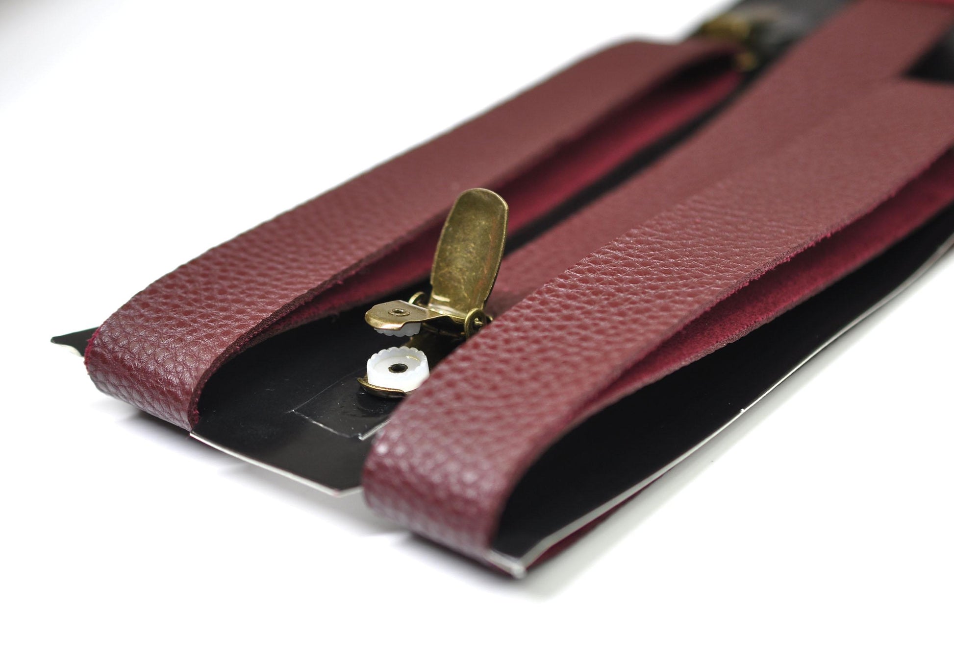 Wine Red Burgundy Faux Leather Adjustable Design Suspenders Braces Bronze Quality Clips