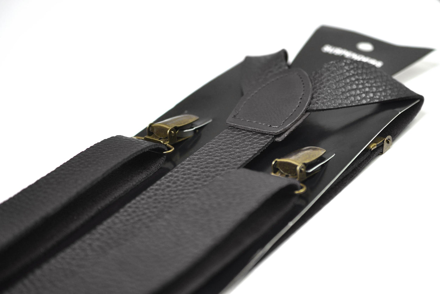 Black Faux Leather Adjustable Design Suspenders Braces Bronze Quality Clips