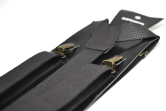 Black Faux Leather Adjustable Design Suspenders Braces Bronze Quality Clips