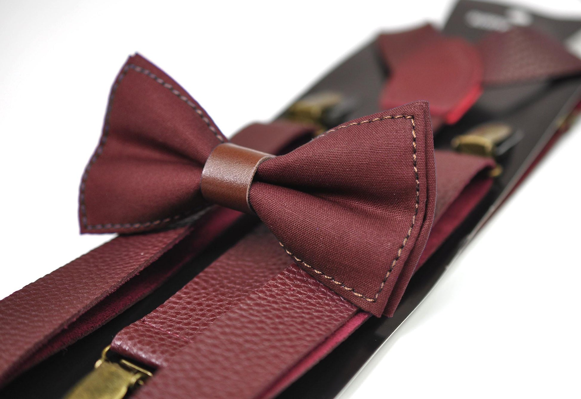 Burgundy Wine Red Brown Faux Leather Bow tie + Matched Faux Leather Suspenders Braces Baby infant Toddler / Boy Kids / Youth Teenage / Men