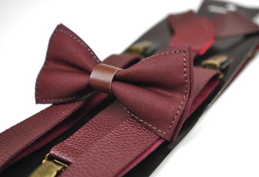 Burgundy Wine Red Brown Faux Leather Bow tie + Matched Faux Leather Suspenders Braces Baby infant Toddler / Boy Kids / Youth Teenage / Men