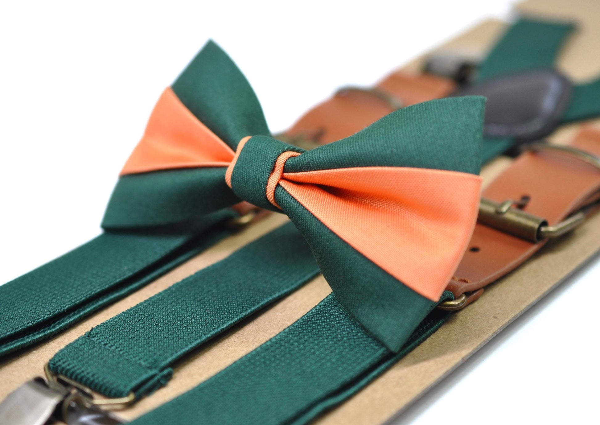 Emerald Green and Coral Orange Bow tie Bowtie + Green Suspenders Braces + Pocket Squares for Men / Youth/ Boys Kids / Baby Infant Toddler
