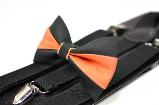 BLACK and Coral Orange Bow tie Bowtie+ BLACK Elastic Suspenders Braces for Men / Youth/ Boys Kids / Baby Infant Toddler