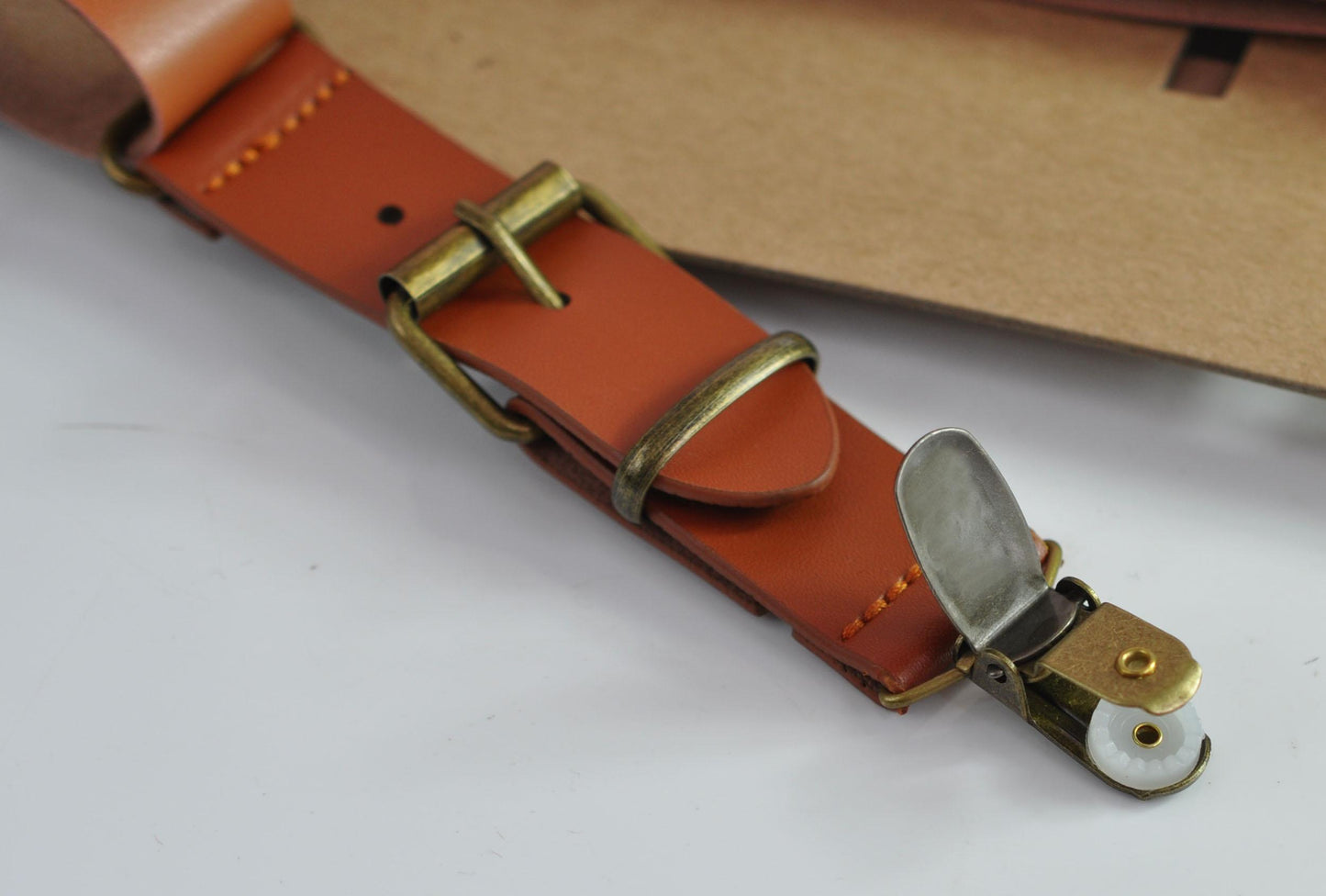 25mm Wide Y-back Tan Brown Faux Leather Adjustable Design Suspenders Braces Bronze Quality Clips